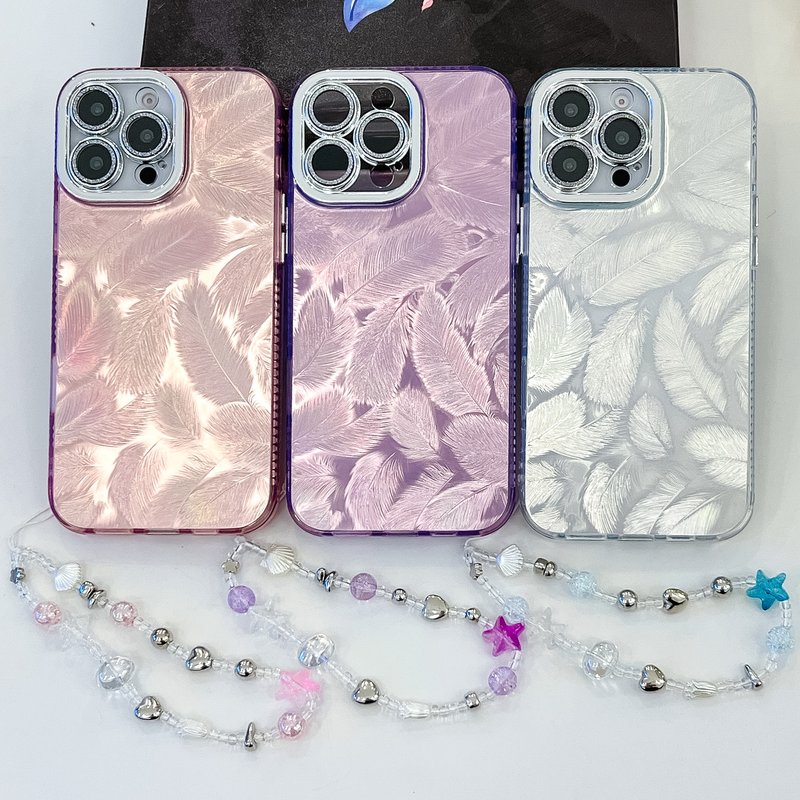 For Iphone 13 14 15 16 Pro Max Plus Samsung S23 S24 Plus Ultra Luxury Glitter Laser Feather Wrist Chain Phone Case Cover