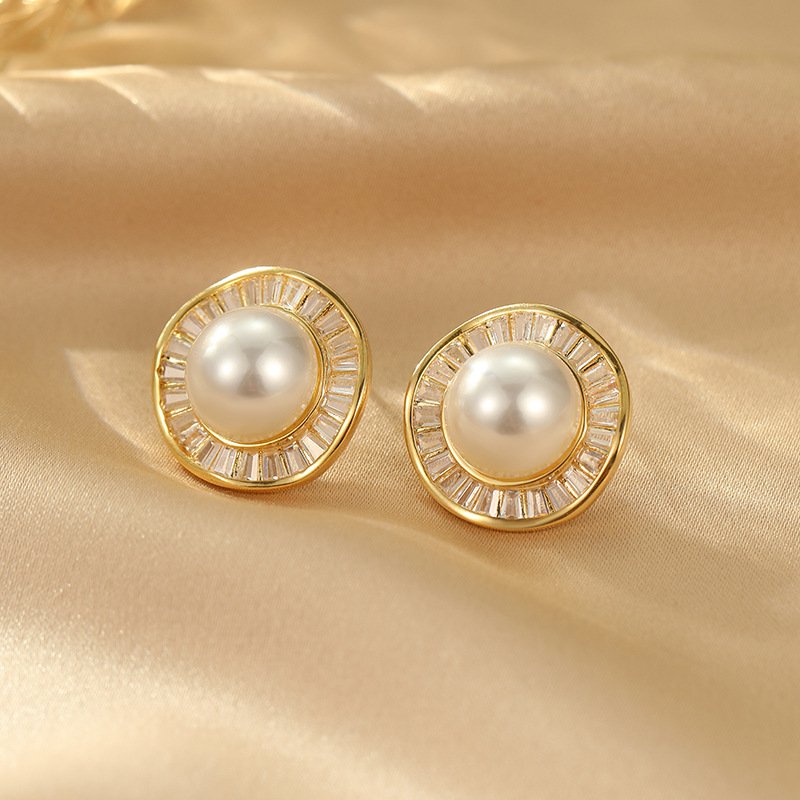 Earrings Women Golden Gem Pearl Earrings New Silver Needle Inlaid Zircon Elegant Fashionable Personality Round Pearl Earrings For Women