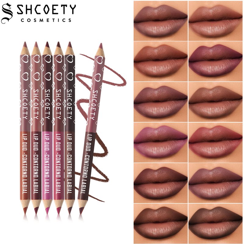 SHCOETY 12-Color Double-Head Dual-Tone Wooden Lip Liner - Matte Long-Lasting Easy-Application Non-Stick Cup Lip Contour Pencil