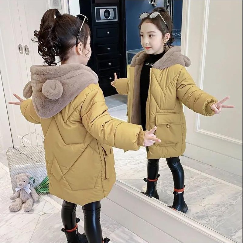 Girls' Plush Cotton Padded Winter Clothes New Style Stylish Down Cotton Padded Jacket Mid Length Coat Winter Children's Cotton Clothes