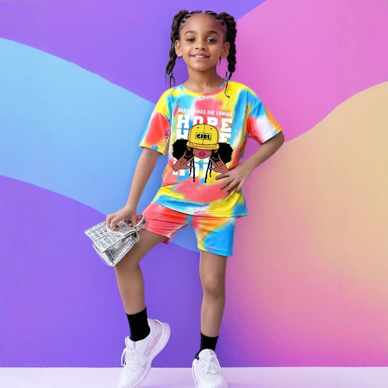 Mother & Kids INS Girls Summer Casual Tie Dye Full Print Short Sleeved 2 Piece Set Fashion Casual Sports Suit