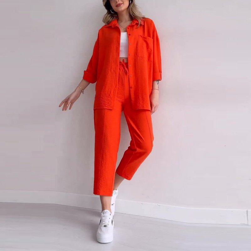 Women's loose casual fashion long-sleeved shirt lace-up nine-point pants two-piece set