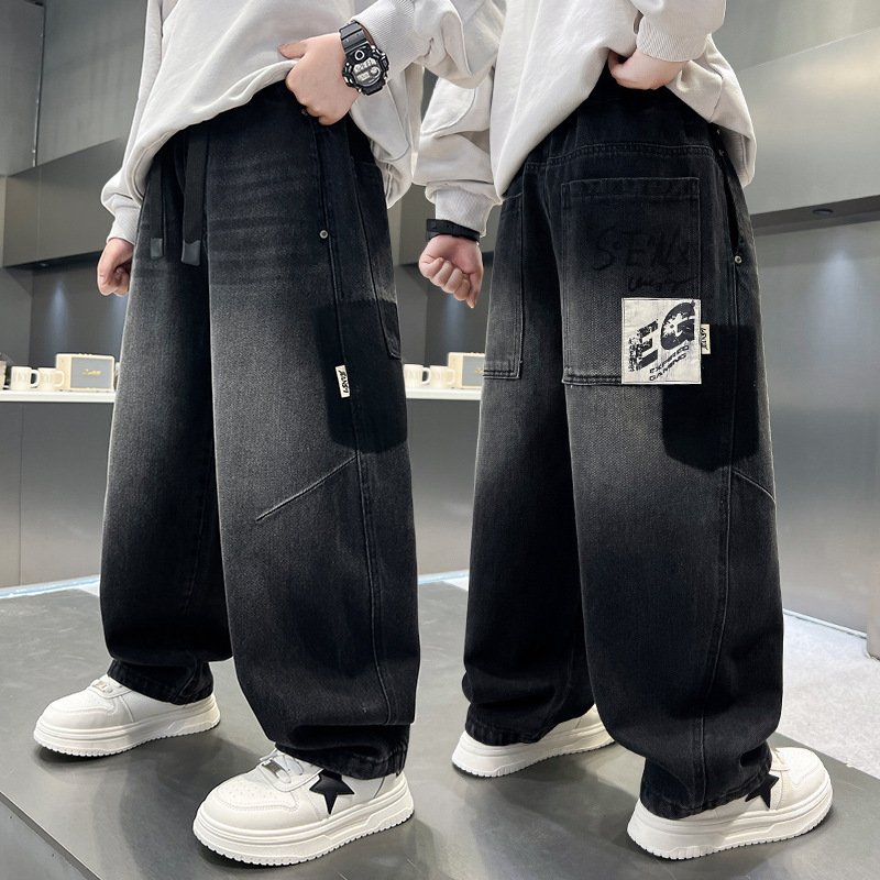 Boys' Stretch Comfort Jeans - Soft Cotton Denim Pants For Kids, High Waist Elastic Waistband, Trendy Casual Style (120-170cm, Black)