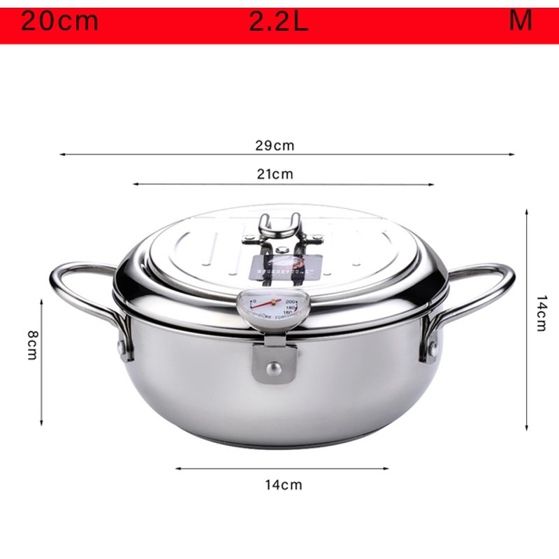 Deep Fryer With Thermometer and Lid 304 Stainless Steel Kitchen Tempura Fryer Pan Fryer Without Oil Frying Pan Fryer