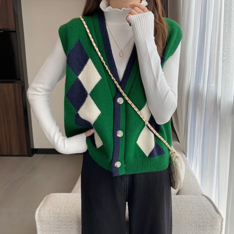 Women's Clothing Autumn new loose women's wear V neck sleeveless cardigan retro diamond knitted sweater vest vest for women