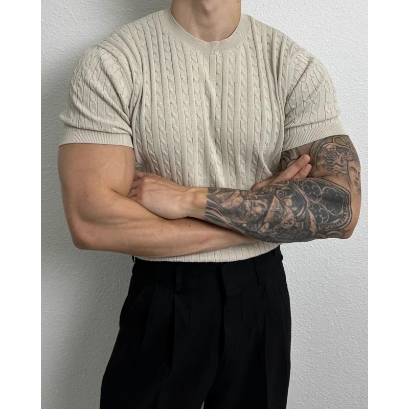 Men's Clothing Summer thin style twisted pattern round neck sweater short sleeve men's loose all match stretch t shirt design niche