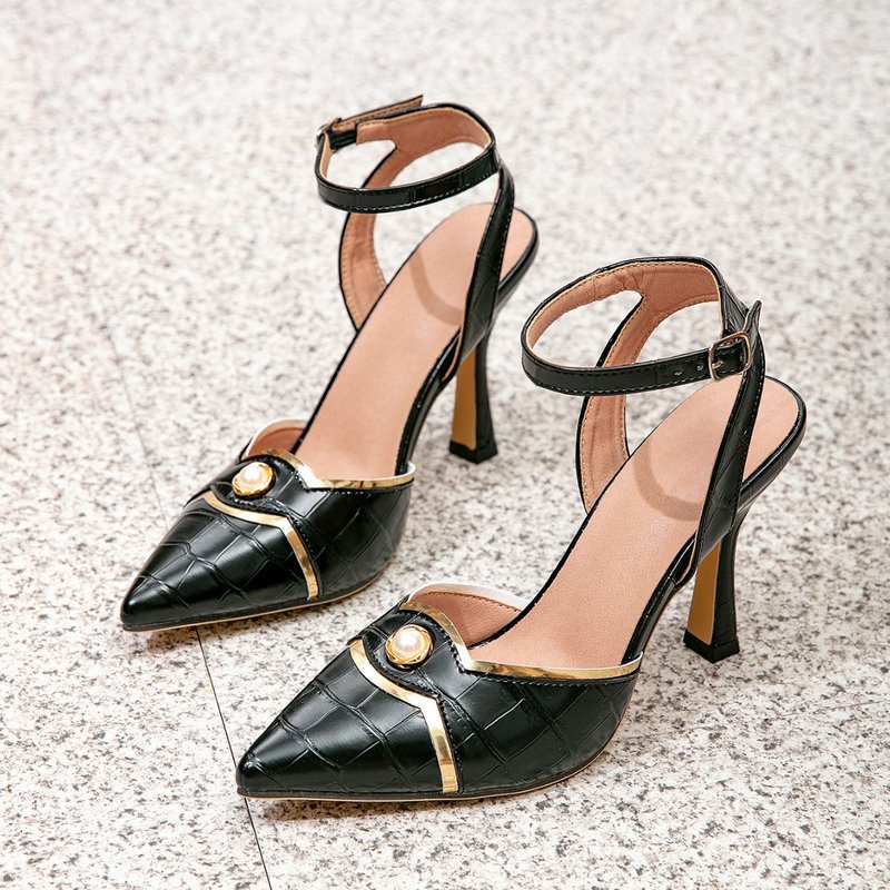 Black Alligator Pointed Sandals Metal Trim Pearl Buckle Sexy Stiletto High Heels