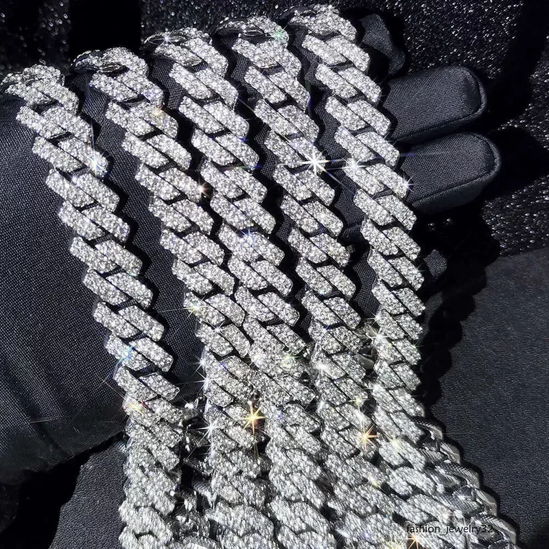 14mm-15mm Micro Pave Prong Cuban Chain Necklaces Fashion Hiphop Full Iced Out Rhinestones Jewelry For Men Women