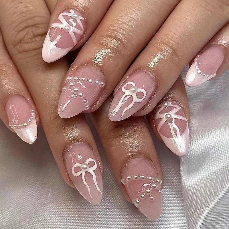 Short bright almond manicure Europe and the United States cross-border foreign trade light powder through the bottom pearl bow detachable manicure 24