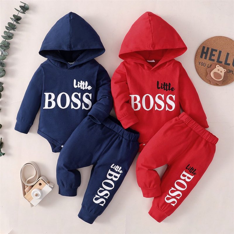 Clothing New Boys Girls Spring and Autumn Baby Letter Print Hooded Solid Color Two Piece Set
