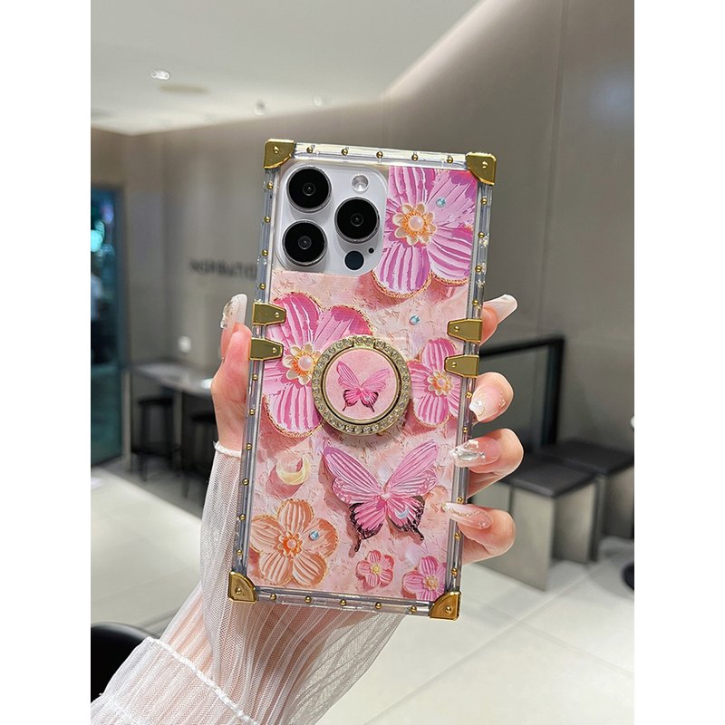 3D Oil Painting Butterfly Flowers Case for iPhone 16 15 Pro Max 14 13 12 11 Finger Ring Stand Protective Funda S24 Ultra