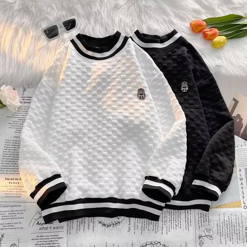 Men's Clothing Retro Simple Color Matching Waffle Round Neck Sweatshirt Loose Couple Casual All Match Tops