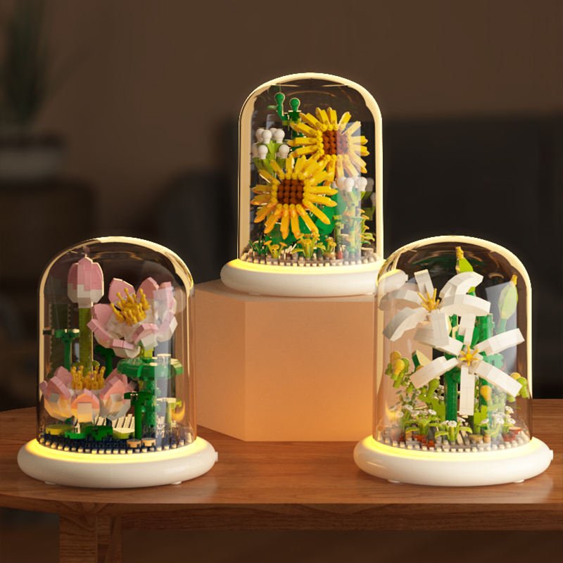 Lighting DIY Building Block Sets For Kids Flower Arrangement With Dust Cover Tulip Rose Sunflower Succulents Gardens Model Toys
