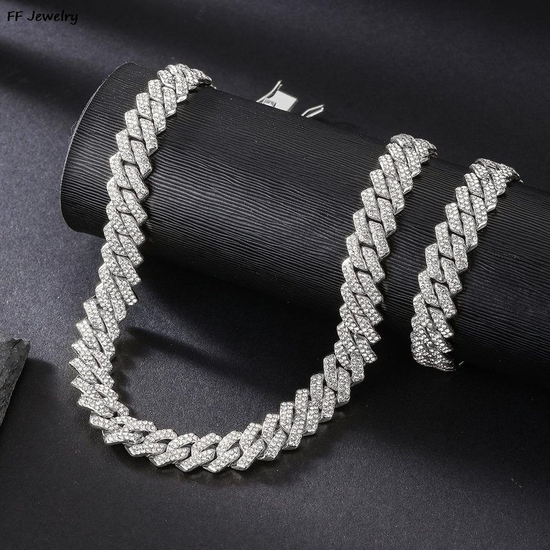Chaîne cubaine à maillons losanges de 13 mm, 2 rangées de strass glacés, collier de rappeur, bracelet ras du cou pour hommes et femmes, bijoux pour hommes