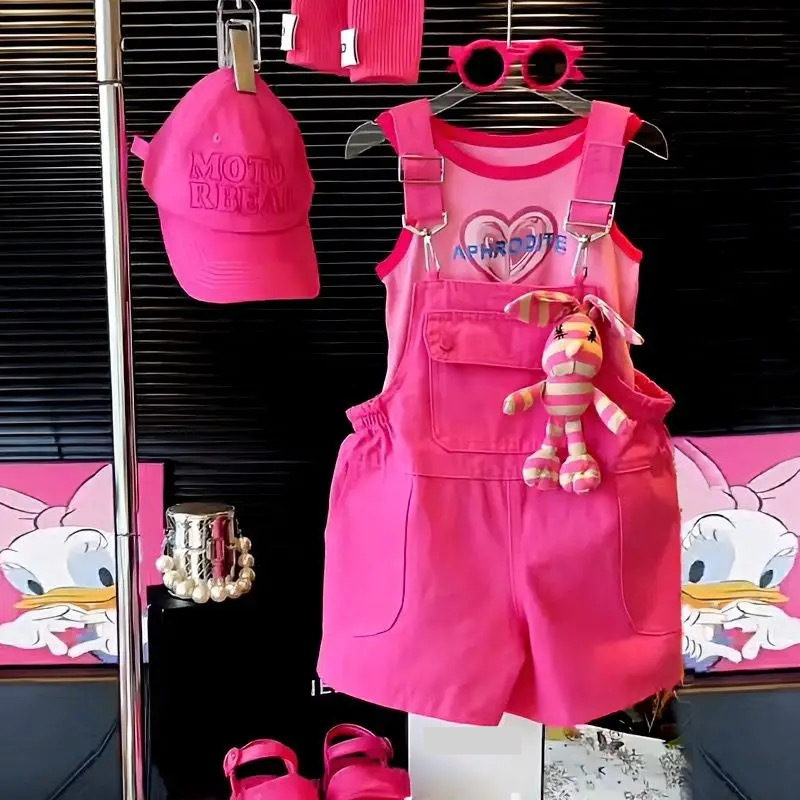 Mother & Kids Girls summer casual overalls stylish casual rose red overalls 2024 new style for middle and large children loose and versatile