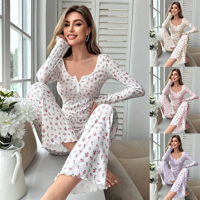 Women's Long-sleeved Trousers Pajamas Two-piece Set Loungewear, Flower Printing, Slim-fitting, Soft And Comfortable.