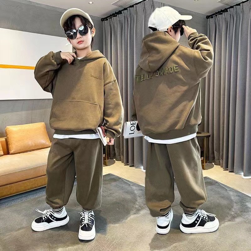 New Autumn Children's Stylish Hooded Sweater Suit For Middle And Large Children, Handsome And Fashionable Candy Color With Prominent Letters Suit