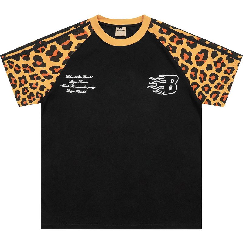 Men's Clothing 2025 Summer New Leopard Print Splicing Raglan Sleeve Short Sleeve T-shirt Men And Women Loose Couple Half Sleeve T-shirt