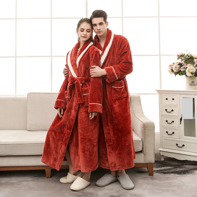 Autumn And Winter Contrast Color Pineapple Plaid Couple's Pajamas Men's Fashionable Thick Large Size Flannel Bathrobe