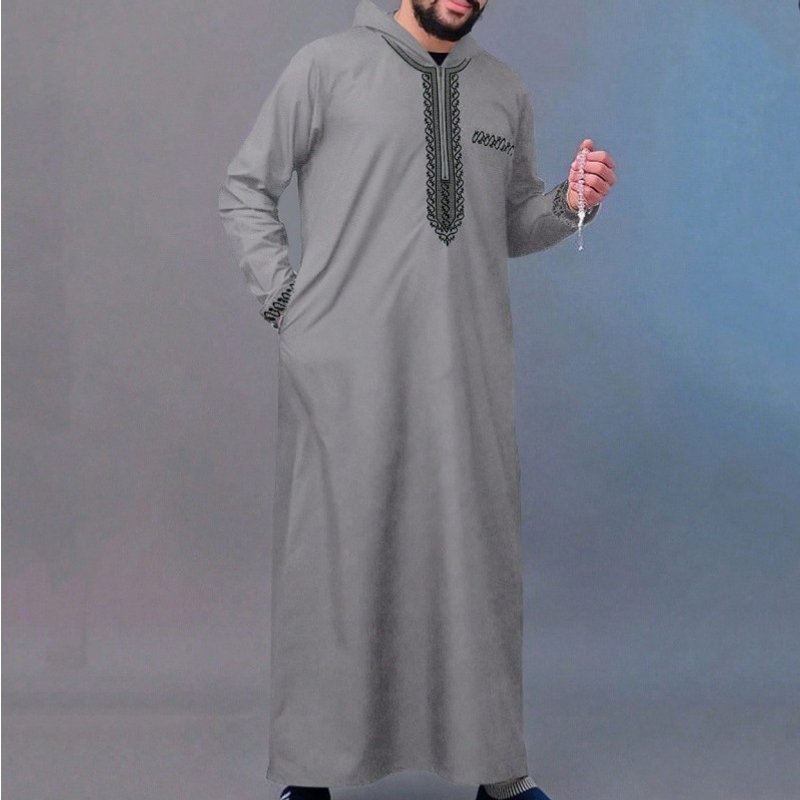 Men's Clothing Robe Long Sleeve Embroidery Hooded Zipper Islamic Loose Casual Men's Robe