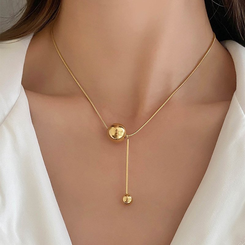 Korean Stainless Steel Large Ball Tassel Necklace Stackable Creative Sliding Geometric Ball Match Pendant Clavicle Chain Jewelry