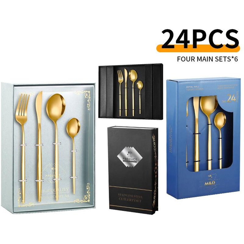 Premium 24-Piece Gold-Plated Stainless Steel Cutlery Set - Gift Box With Steak Knives Forks & Spoons​