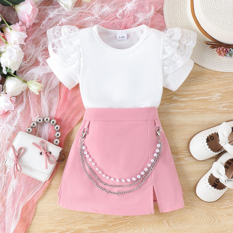 Mother&Kids Summer solid color flying sleeve short sleeve dress set two-piece lovely princess style