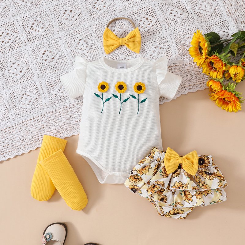 ​​"Baby Girl Waffle Knit Short Sleeve Romper With Floral Embroidery & Ruffled Shorts Set – Soft Cotton Blend, Breathable & Stylish (0-18M)"​​