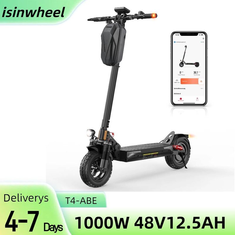 isinwheel T4 Electric Scooter with ABE Certification, 1000W 48V 12.5Ah Battery, 10-inch Off-road Adult Scooter with App Control