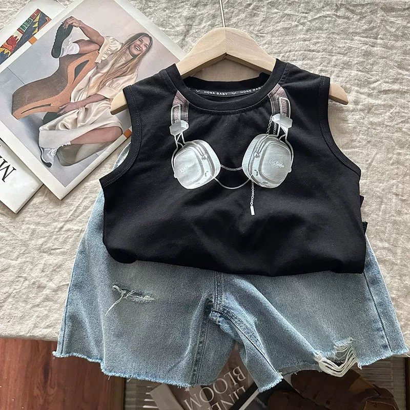 Kid's Clothing Boys cartoon headphones print sleeveless T-shirt pure cotton baby casual handsome little boy street vest