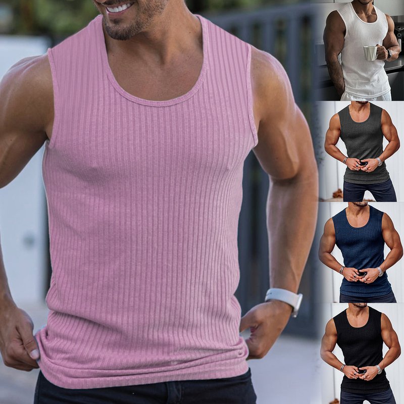 Summer Men's Sleeveless Wide Shoulder Knitted Stripe Fitness Sports Leisure Fit Tank Top For Men