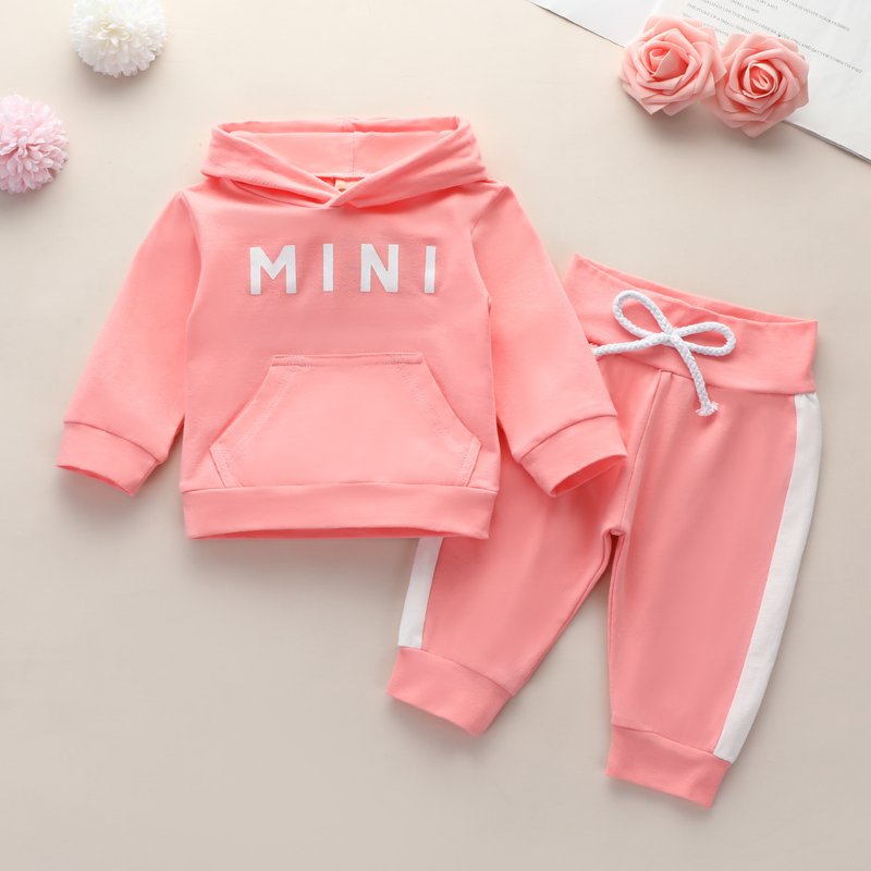 Babies' clothesz baby hooded letter print sweater pocket pullover trousers suit female treasure two-piece set
