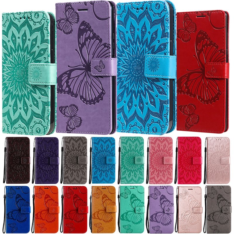 Etui Leather Wallet Flip Case For Samsung Galaxy S21 Ultra S20 FE S10 S9 S8 Plus S7 Edge Butterfly Flower Pattern Phone