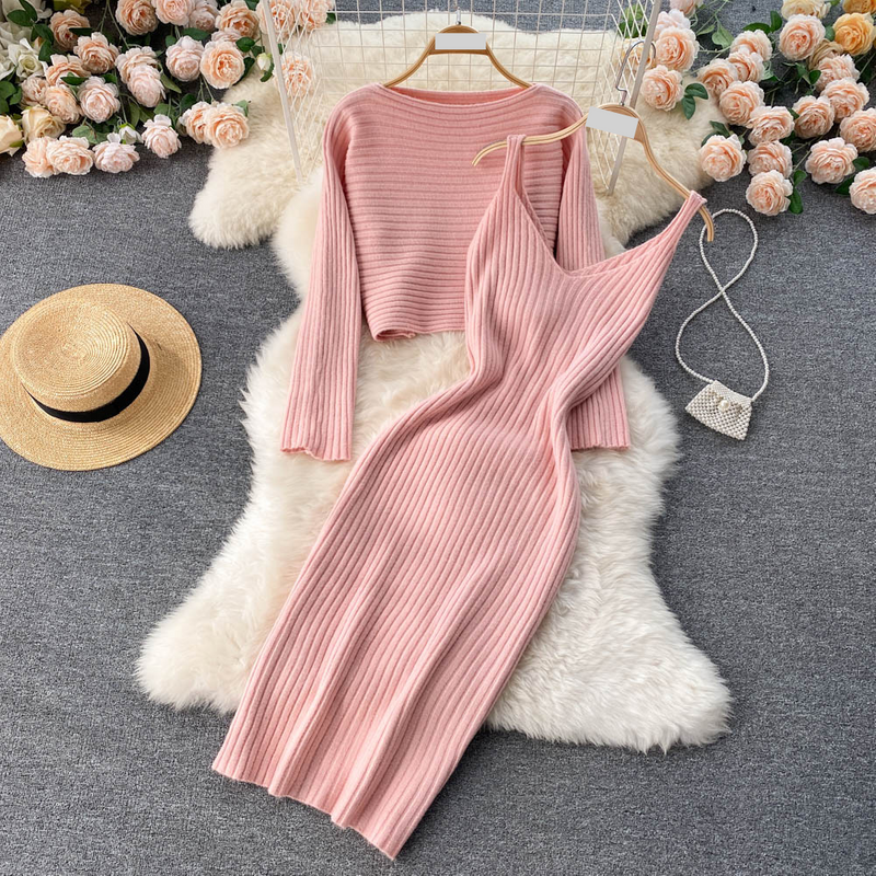 Women's Clothing retro chic short sweater top suspender V-neck temperament hip-hugging dress layered two-piece suit