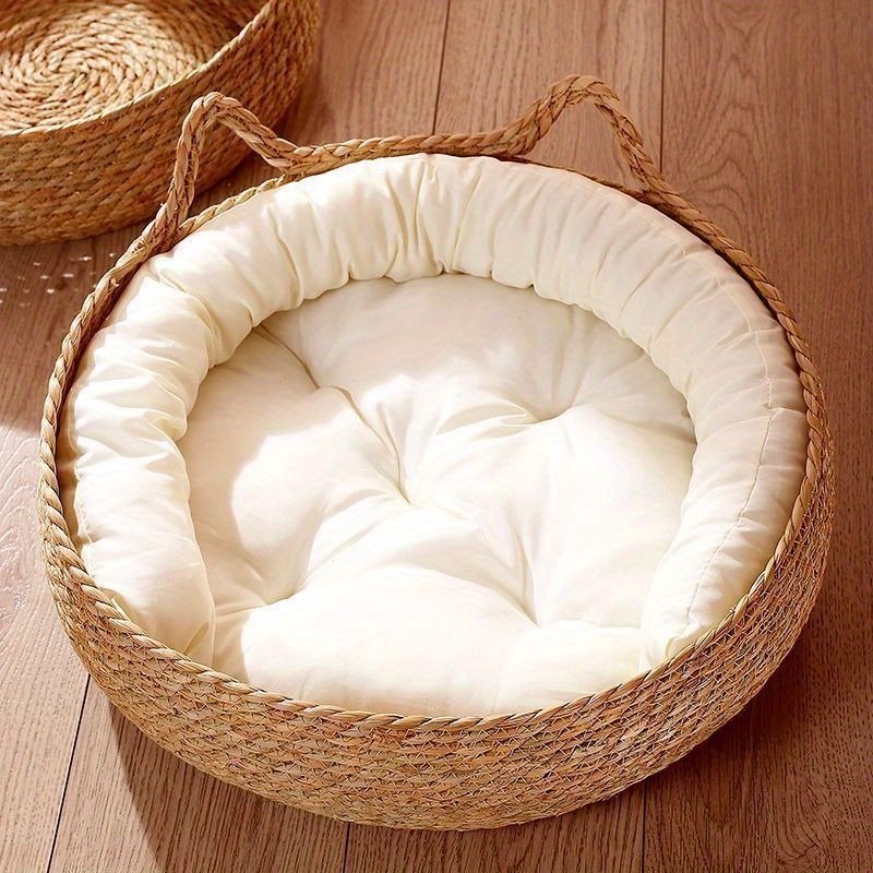 Woven Cozy Cat Bed Plush Cushion Deep Sleep, Hand-Woven Round Pet Kennel Pad Sleeping Nest Basket With Pillow For Indoor