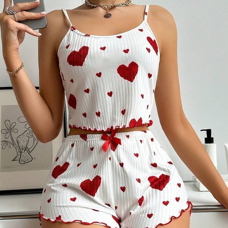 Women's Clothing Ladies' Home Wear Love Printed Suspender Shorts Casual Pit Stripes Can Be Worn Outside Women's Sleepwear
