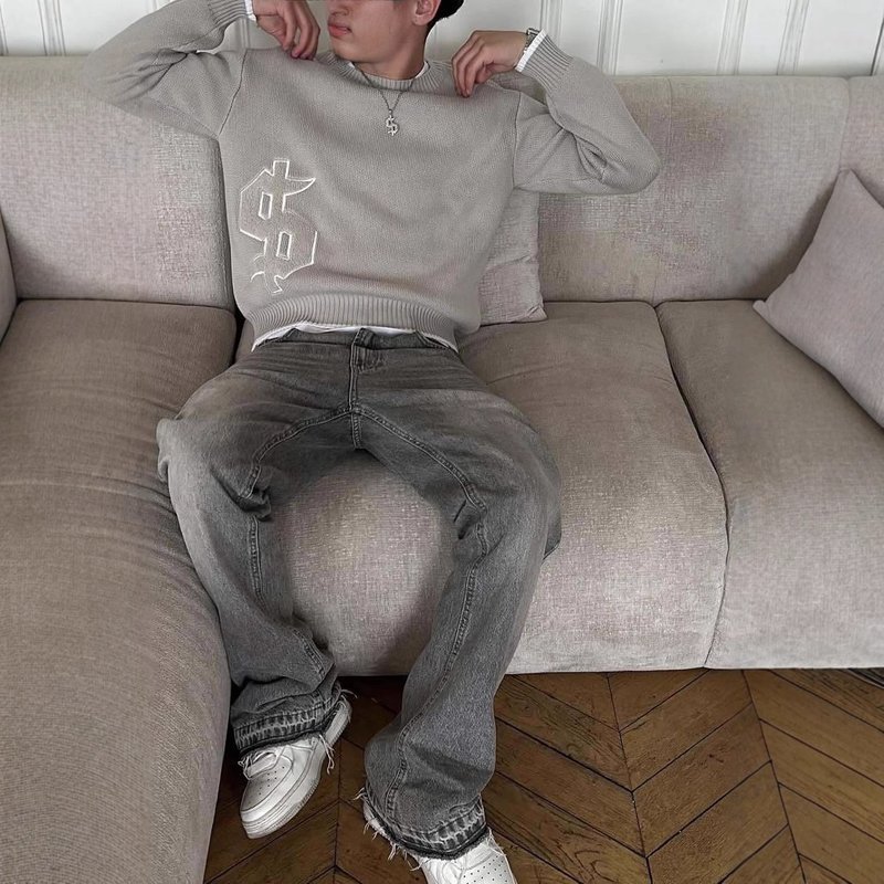 Men's Clothing 2026 Embroidered Crewneck Sweater High Street Design Jacquard Loose Knitwear Autumn Winter Casual Fashion Top Grey