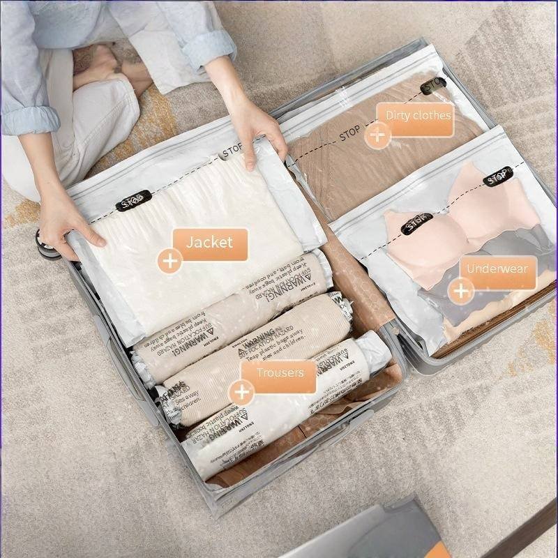 Hand-Roll Travel Compression Bags No-Pump Vacuum Storage (Thickened & Durable Space-Saving Waterproof Suitcase Organizer Travel Essentials)