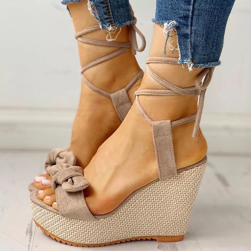 Wedge Rope Thick Sole High Heels Women's Sandals New Denim Bow Waterproof Table Fish Mouth Back Empty Sandals