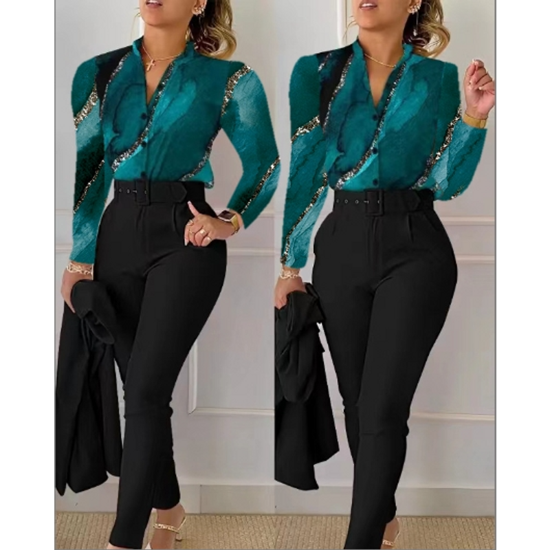 Women's fashion printed long sleeve top solid color pants set with belt