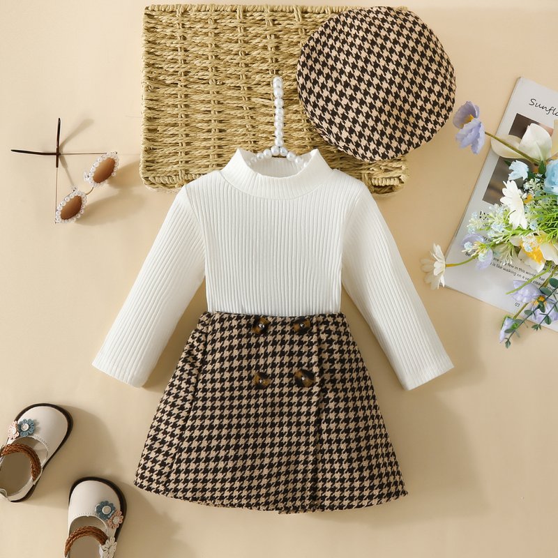 Babies' Clothes Baby Long Sleeve Top Dress Set Baby Girl Long Sleeve Solid Color Pit Top + Houndstooth Skirt + Beret