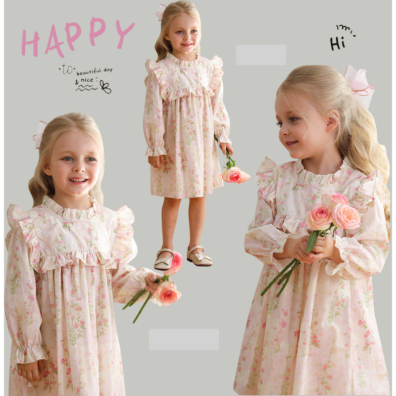 Mother & Kids French flower fungus lace stand collar girl dress 2024 autumn children's clothing long sleeve children's princess dress pure cotton