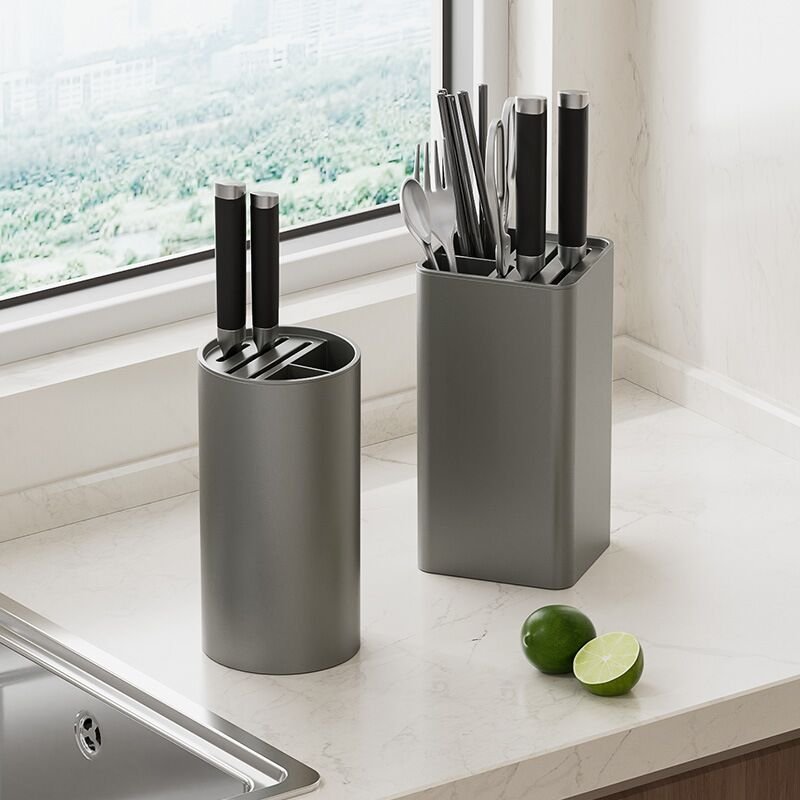 Gray Knife Holder Storage Rack Multifunctional Knife Scissors Kitchen Countertop Knife Holder Stand Storage Box