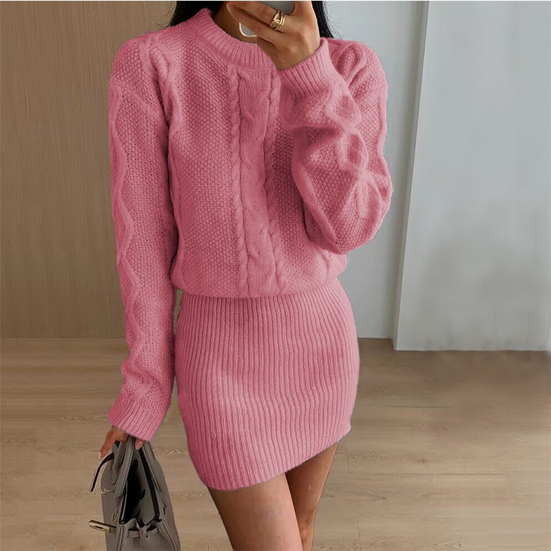 Women's Clothing Women's Round Neck Knitted Long-sleeved Dress Retro Twist Solid Color Sweater Skirt