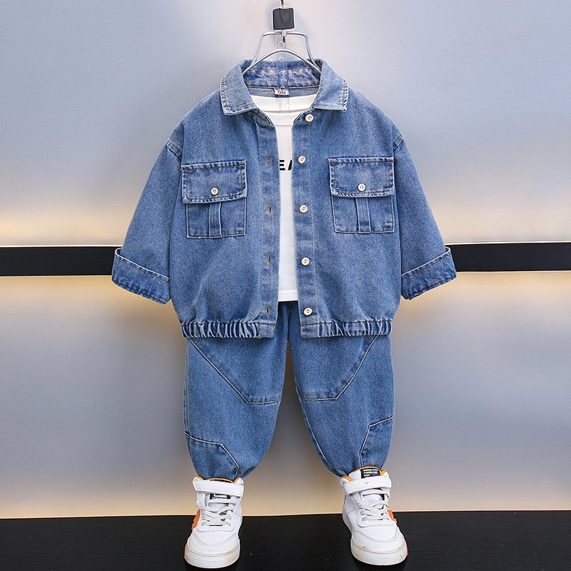 Kid's Clothing Boys Spring and Autumn solid color denim suit 2024 trendy boys casual two piece suits for small and medium sized children's clothing