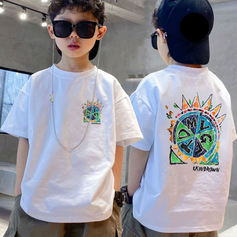Mother & Kids 100% cotton boy short-sleeved T-shirt 2024 summer new children's Korean version loose handsome tops medium and large children's T-shirt
