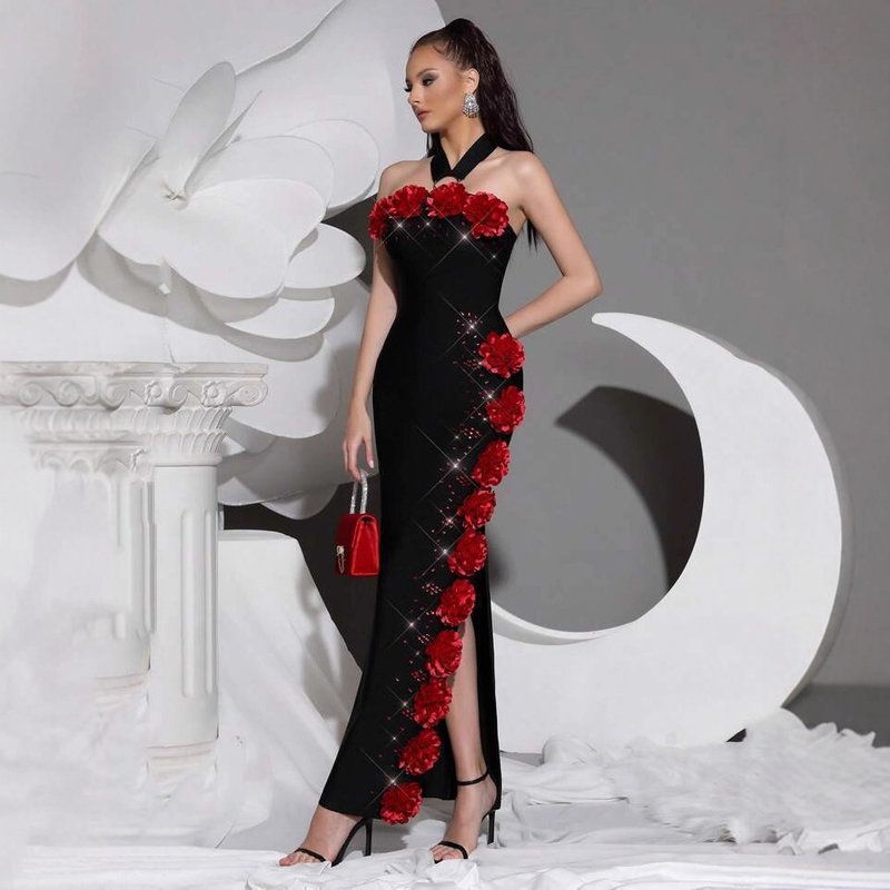 Elegant Off-Shoulder Beaded Floral Bandage Dress For Cocktail Parties & Evening Events – Sexy Bodycon Midi Dress With V-Neckline