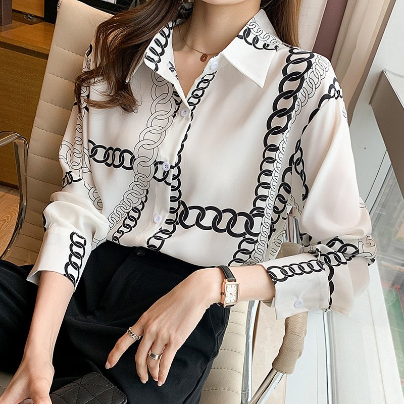 Women's Clothing commuter chiffon long sleeved shirt spring new style elegant silky chain printed long sleeved top