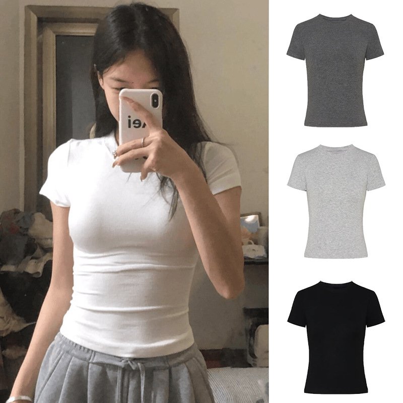 Women's Clothing White Short Sleeved Women's Winter Plus Velvet Slim Fit Hot Girl Short Bottoming Shirt Summer Round Neck Inner Wear