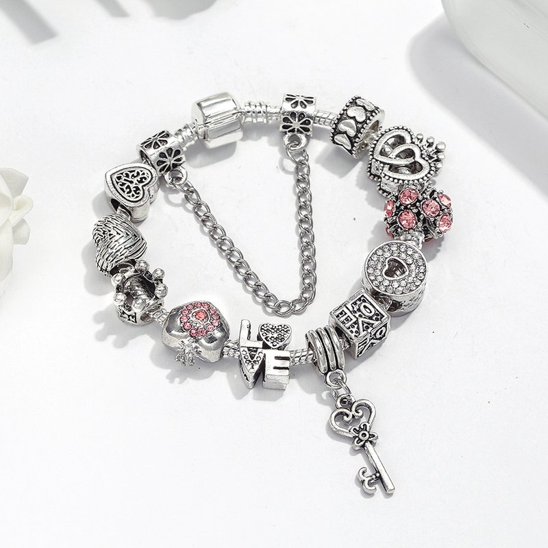 Crown Heart Key Charm Women's Noble LOVE Beaded Bracelet Valentine's Day Jewelry